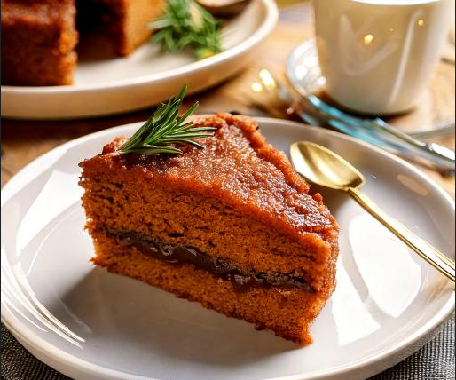 Part de gâteau moelleux à la purée de dattes.